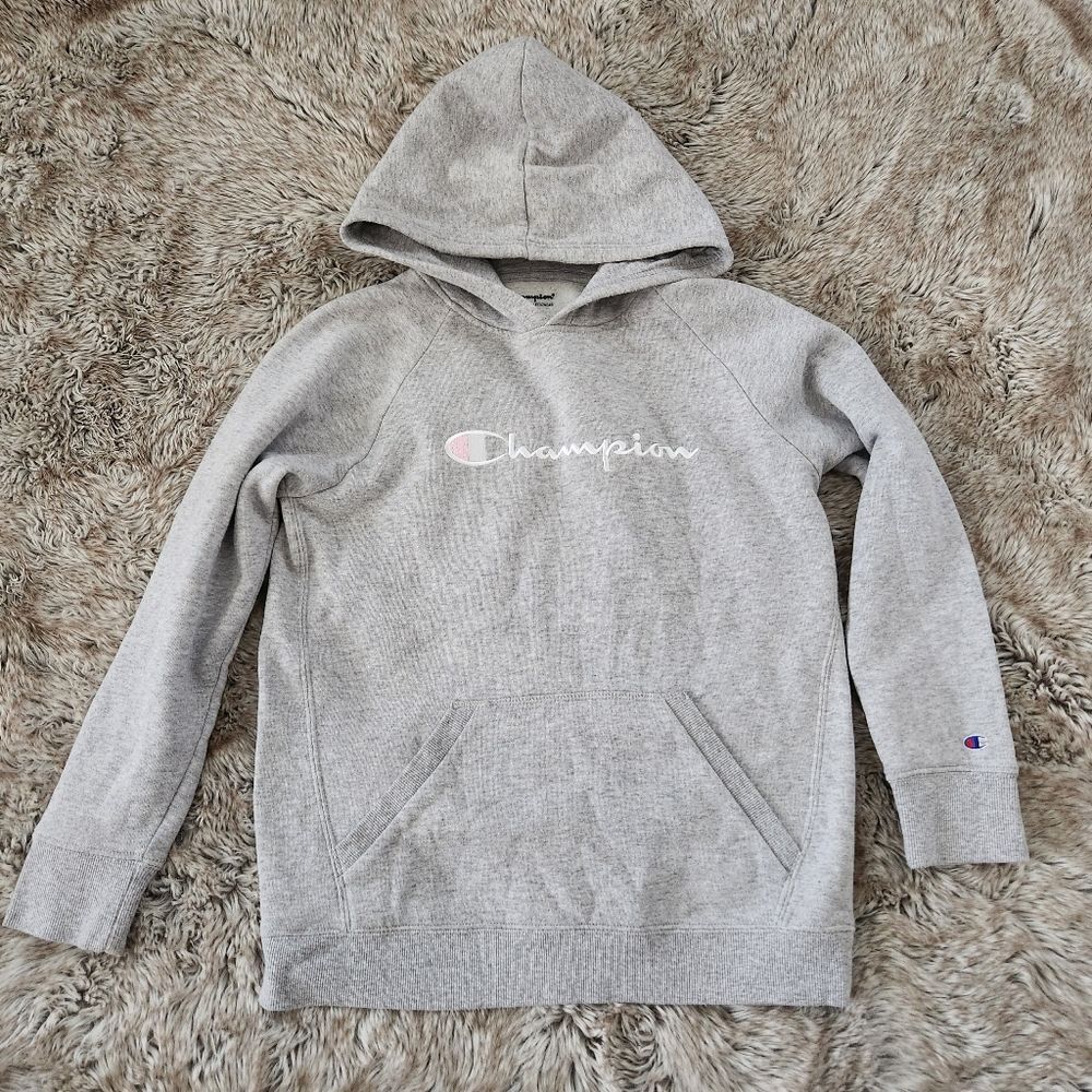 Champion Pink Logo Classic Hoodie Gray Sweatshirt Size XL